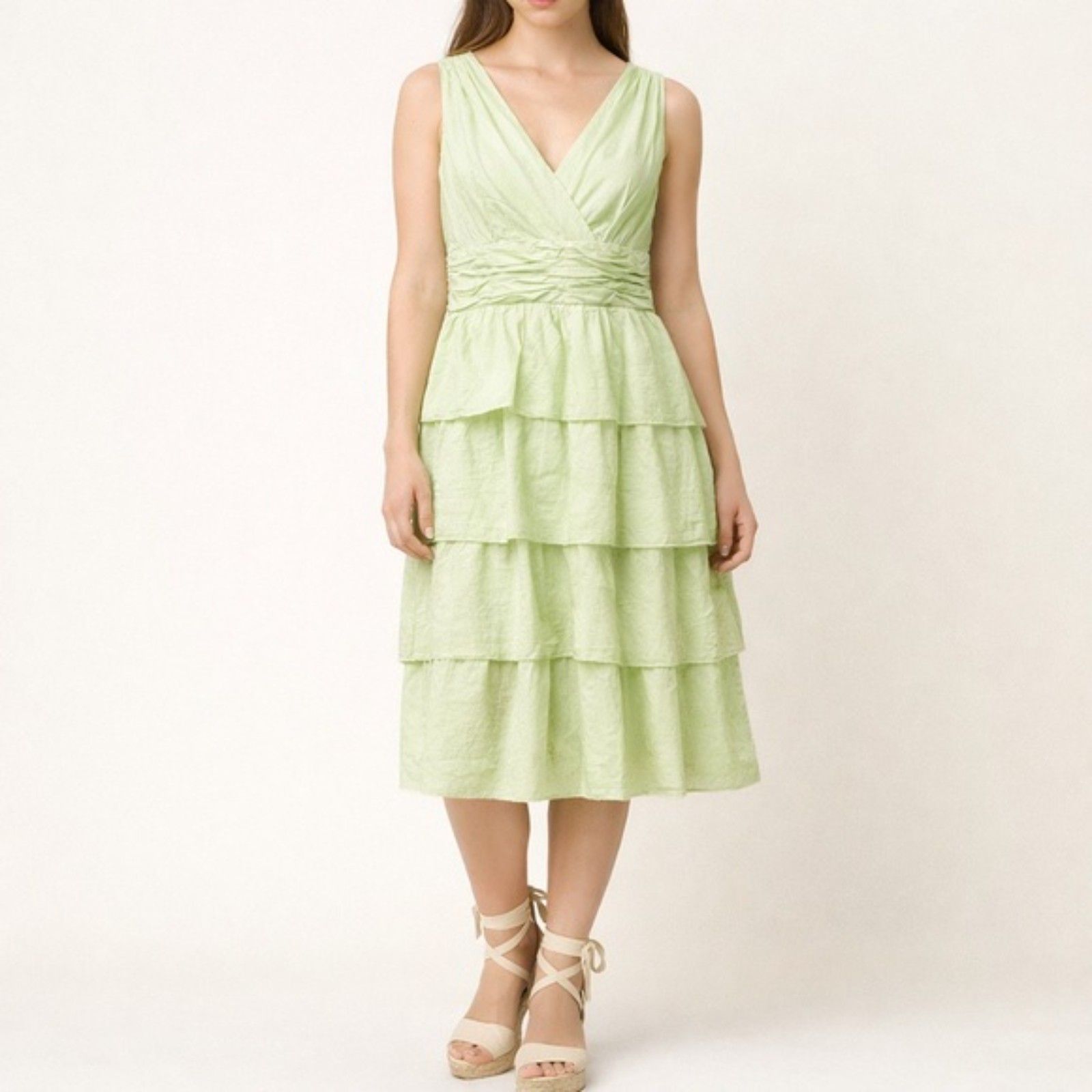 Nwt Talbots Sleeveless Dress Women's Size 14 Tiered Ruffled Cotton Celery Green